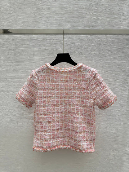 C 25 Cardigan Color Blocking Pink Square Knit Short Sleeve