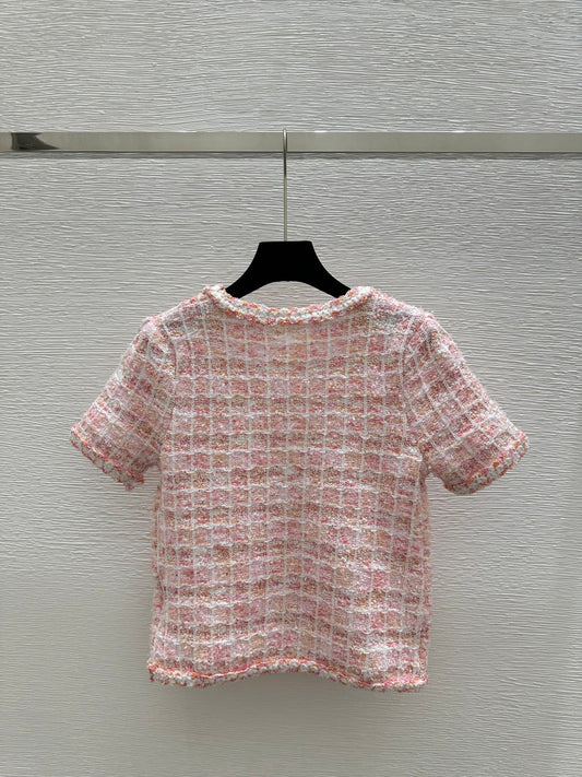 C 25 Cardigan Color Blocking Pink Square Knit Short Sleeve