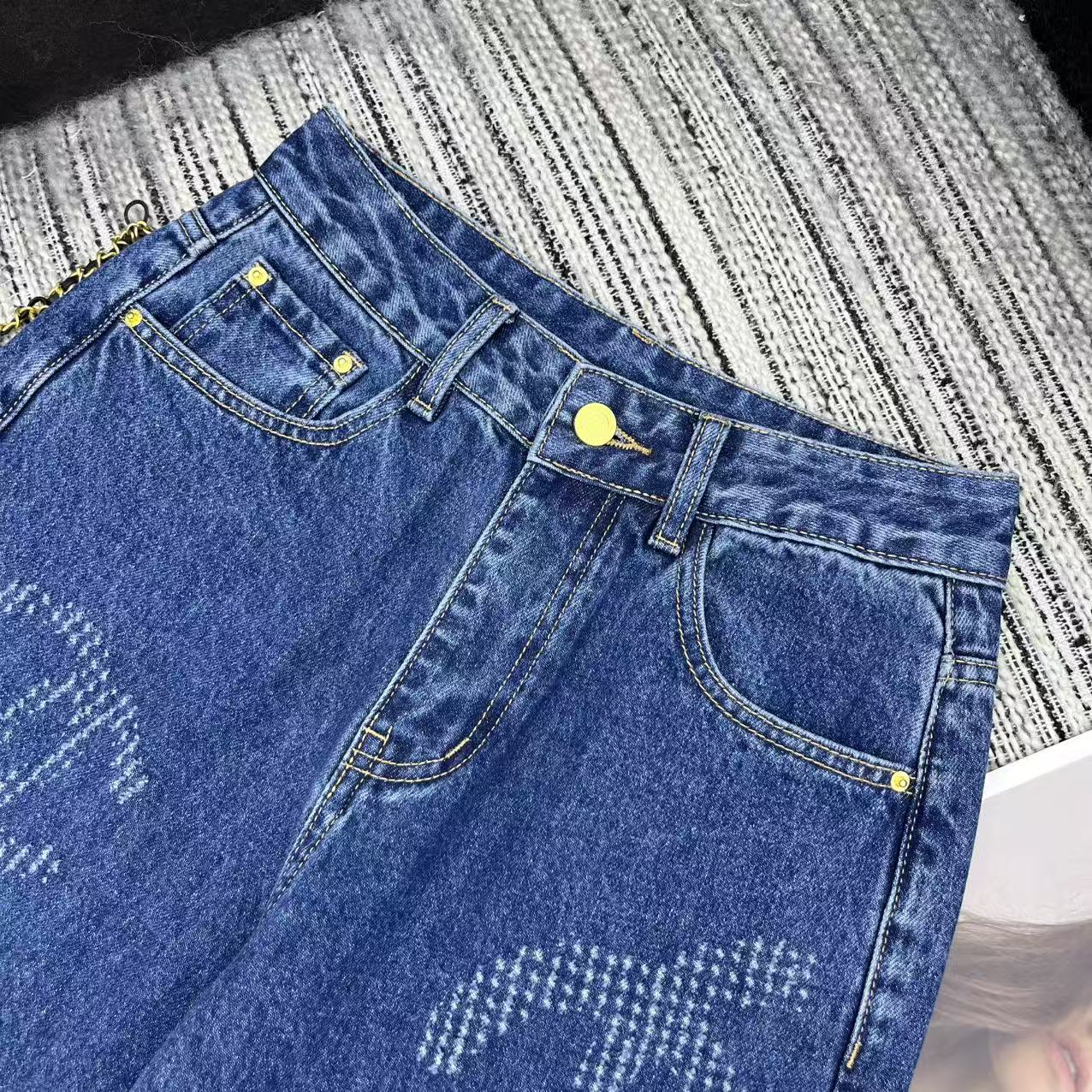 Jacquard logo denim straight leg pants
