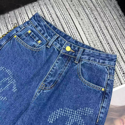 Jacquard logo denim straight leg pants