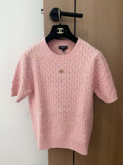 C 25 Leaf logo knitted short sleeves（pink,beige,lack green）