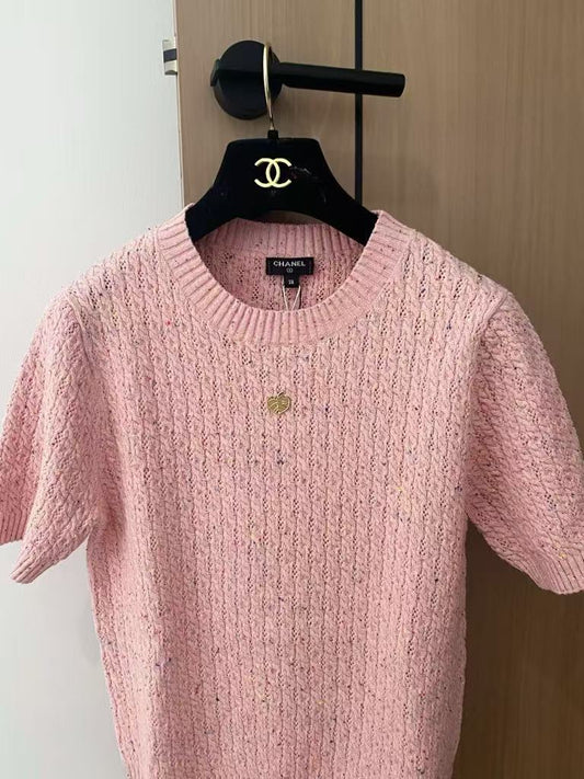 C 25 Leaf logo knitted short sleeves（pink,beige,lack green）