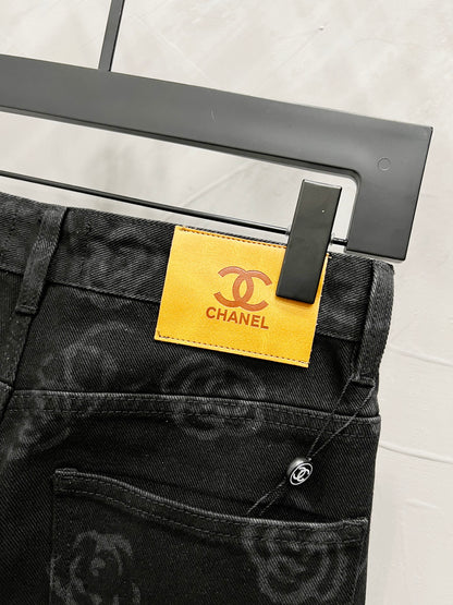 C Classic cross-chain camellia logo jeans