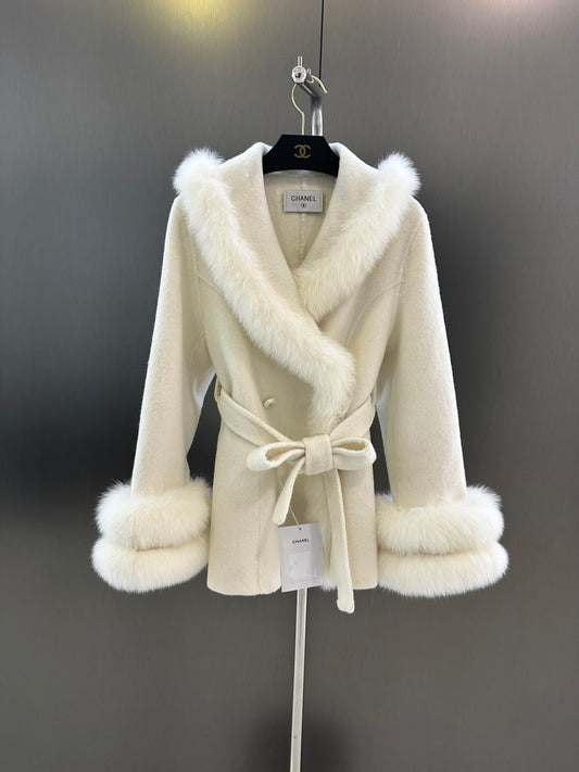 C 25fw New imported white fox fur + Australian superfine wool coat(WHITE/PINK/GRAY)