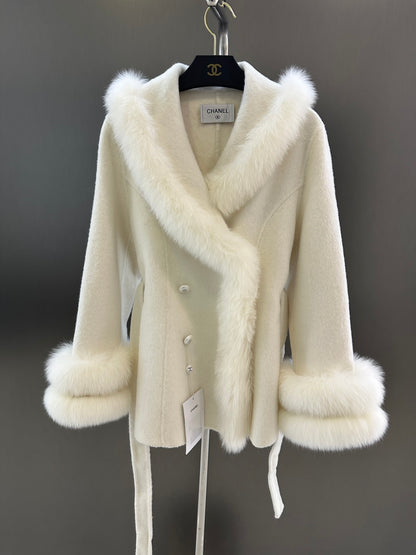 C 25fw New imported white fox fur + Australian superfine wool coat(WHITE/PINK/GRAY)