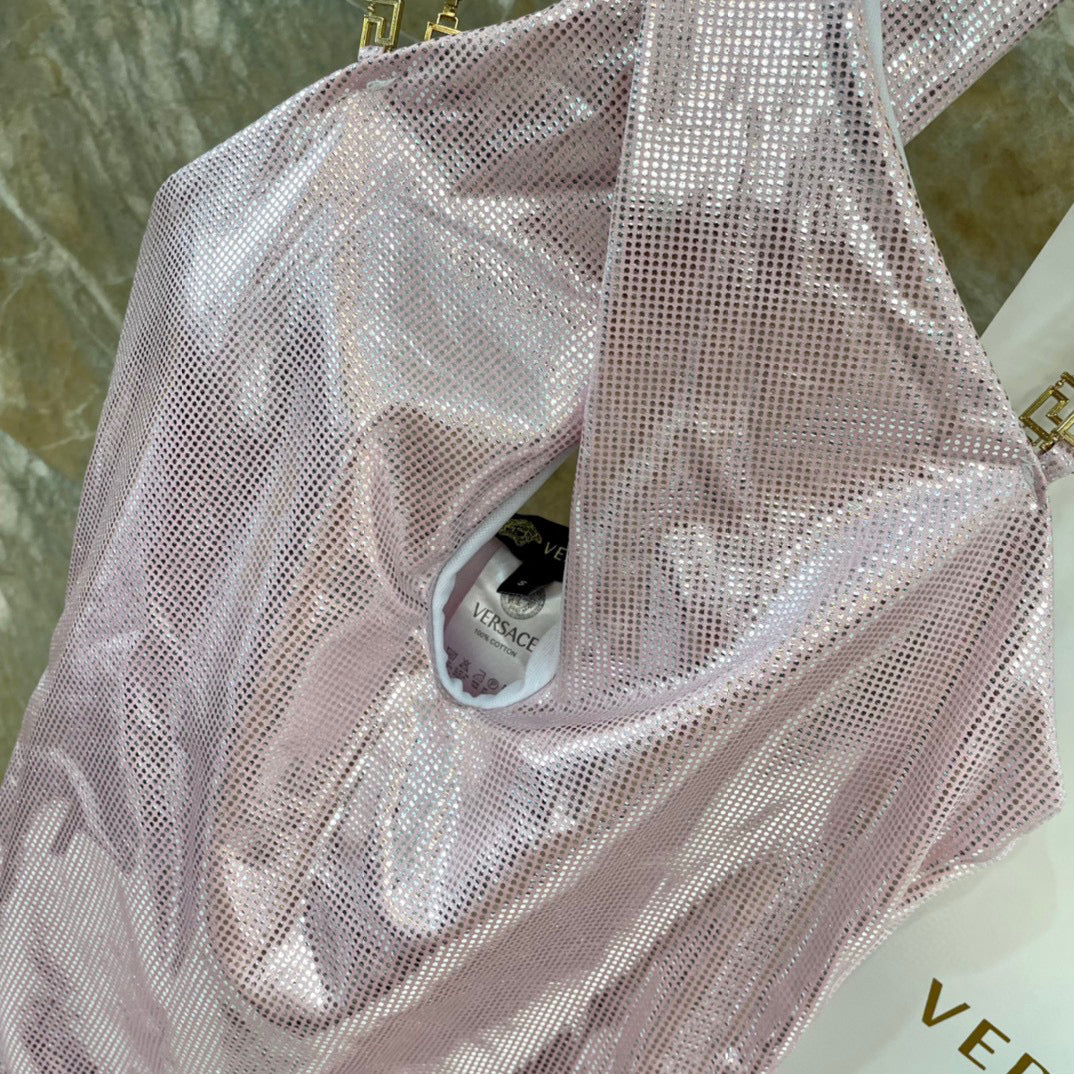 Ve 25 New Pink Gold Necklace Halter One Piece Swimsuit