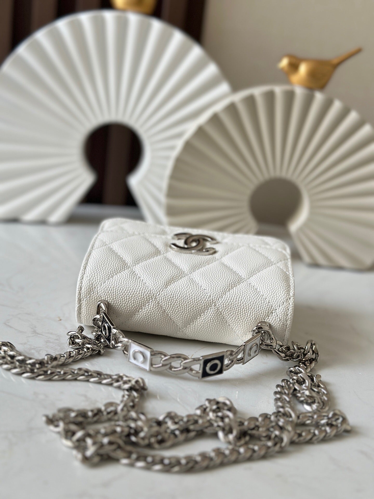 C Enameled Handle Small Satchel, Chain Clutch Bag