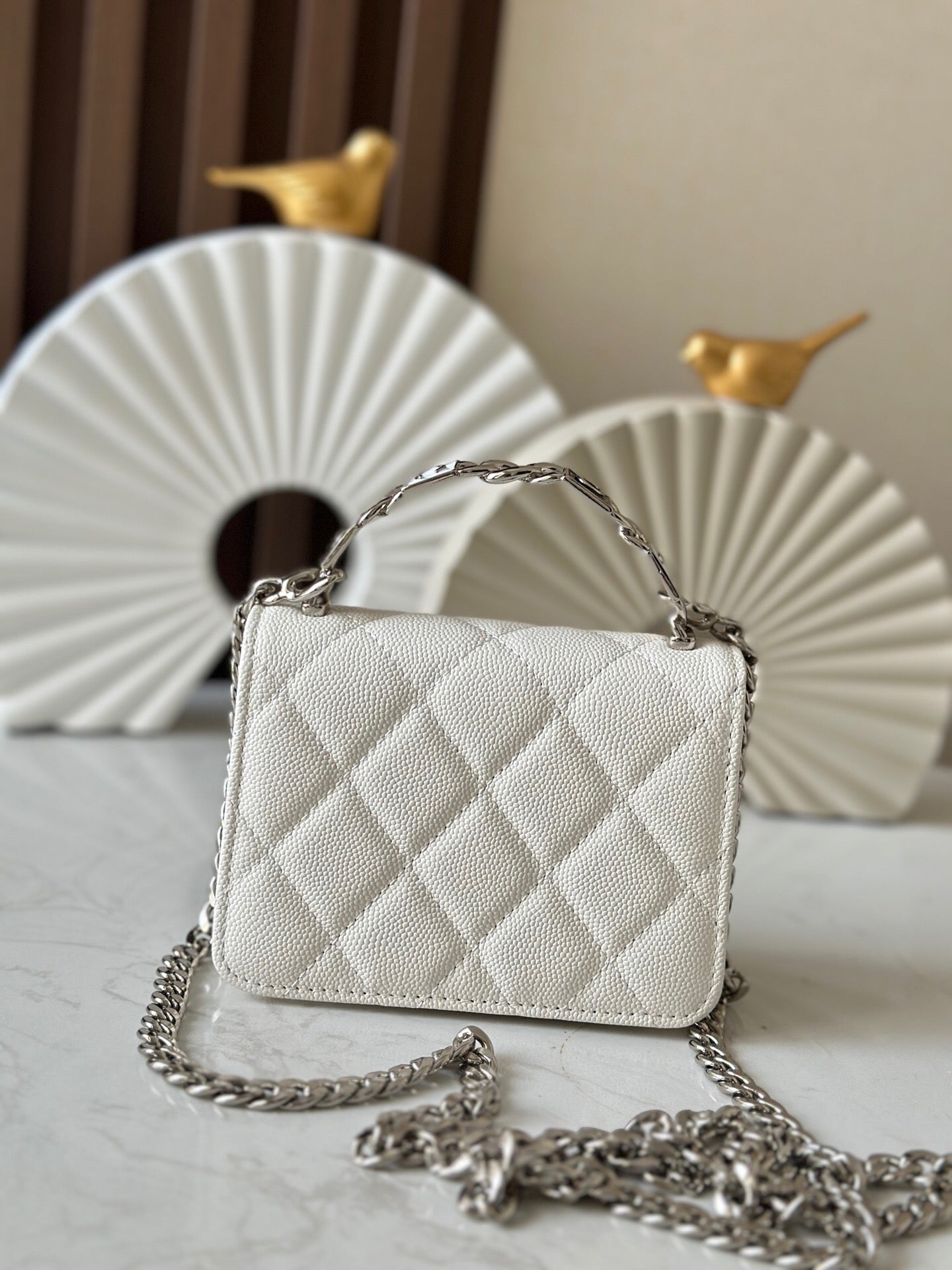 C Enameled Handle Small Satchel, Chain Clutch Bag