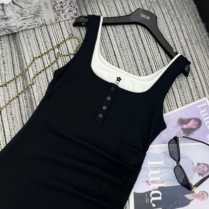 25 years early spring and summer new fake two-piece contrast vest dress