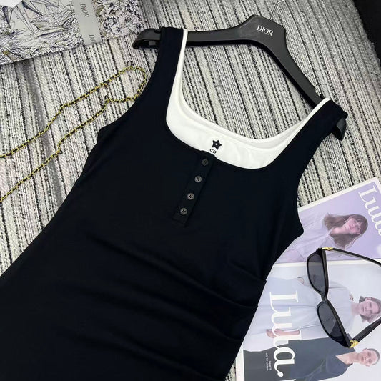 25 years early spring and summer new fake two-piece contrast vest dress