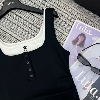 25 years early spring and summer new fake two-piece contrast vest dress