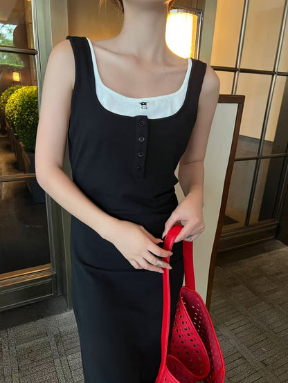 25 years early spring and summer new fake two-piece contrast vest dress