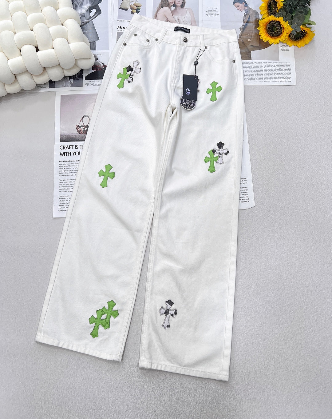 2025 Summer New White Two-tone Leather Label Denim Pants