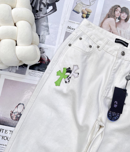 2025 Summer New White Two-tone Leather Label Denim Pants