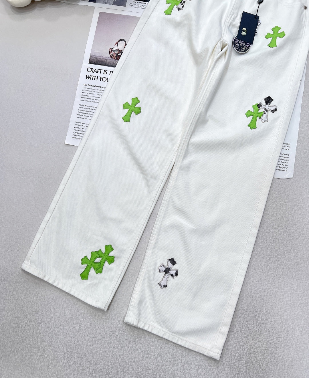 2025 Summer New White Two-tone Leather Label Denim Pants