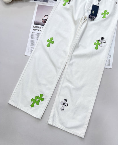 2025 Summer New White Two-tone Leather Label Denim Pants