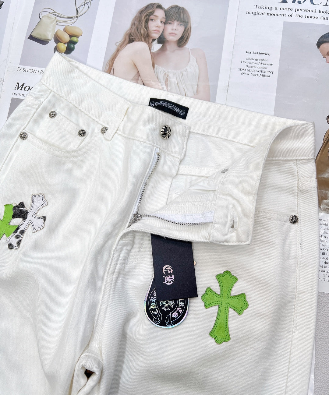 2025 Summer New White Two-tone Leather Label Denim Pants