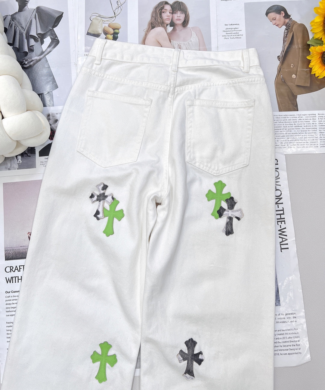 2025 Summer New White Two-tone Leather Label Denim Pants