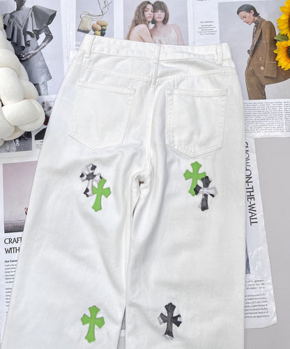 2025 Summer New White Two-tone Leather Label Denim Pants