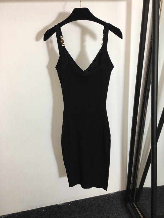 25 Summer New Metal Button Slim Fit Elastic Knit Suspender Dress