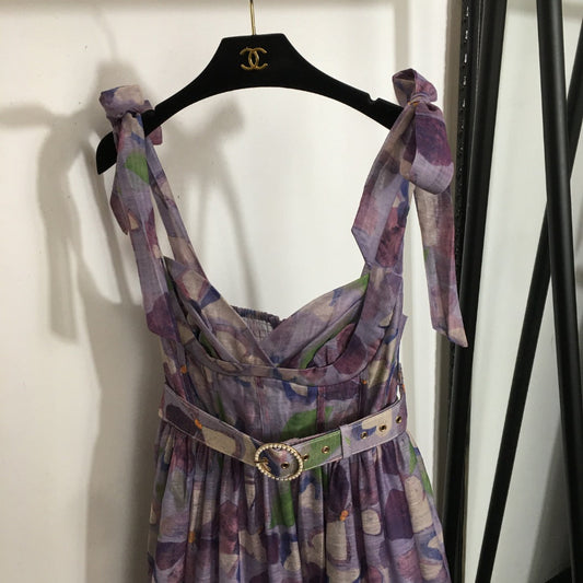 25 Summer new flower print elegant temperament bow suspender dress