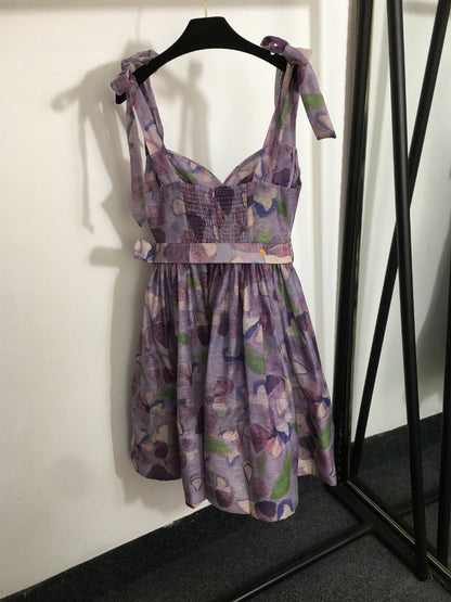 25 Summer new flower print elegant temperament bow suspender dress