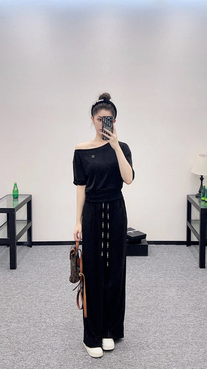 2025 Summer New Arrival Asymmetric Short Sleeve Drawstring Trousers Set