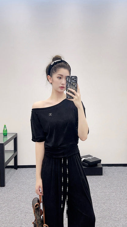 2025 Summer New Arrival Asymmetric Short Sleeve Drawstring Trousers Set