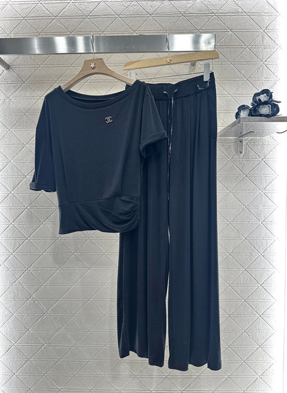 2025 Summer New Arrival Asymmetric Short Sleeve Drawstring Trousers Set