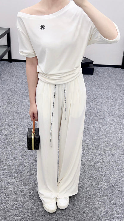 2025 Summer New Arrival Asymmetric Short Sleeve Drawstring Trousers Set