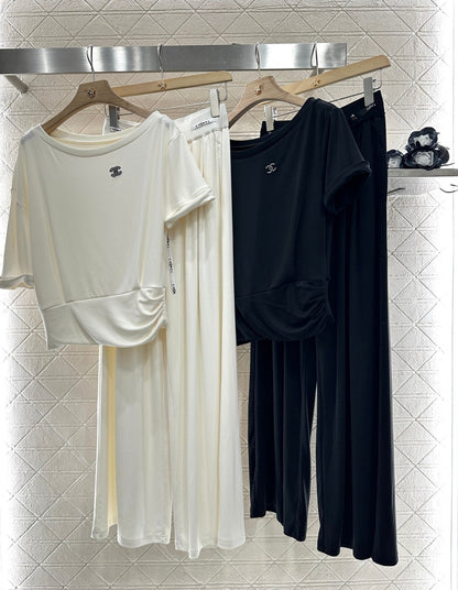 2025 Summer New Arrival Asymmetric Short Sleeve Drawstring Trousers Set