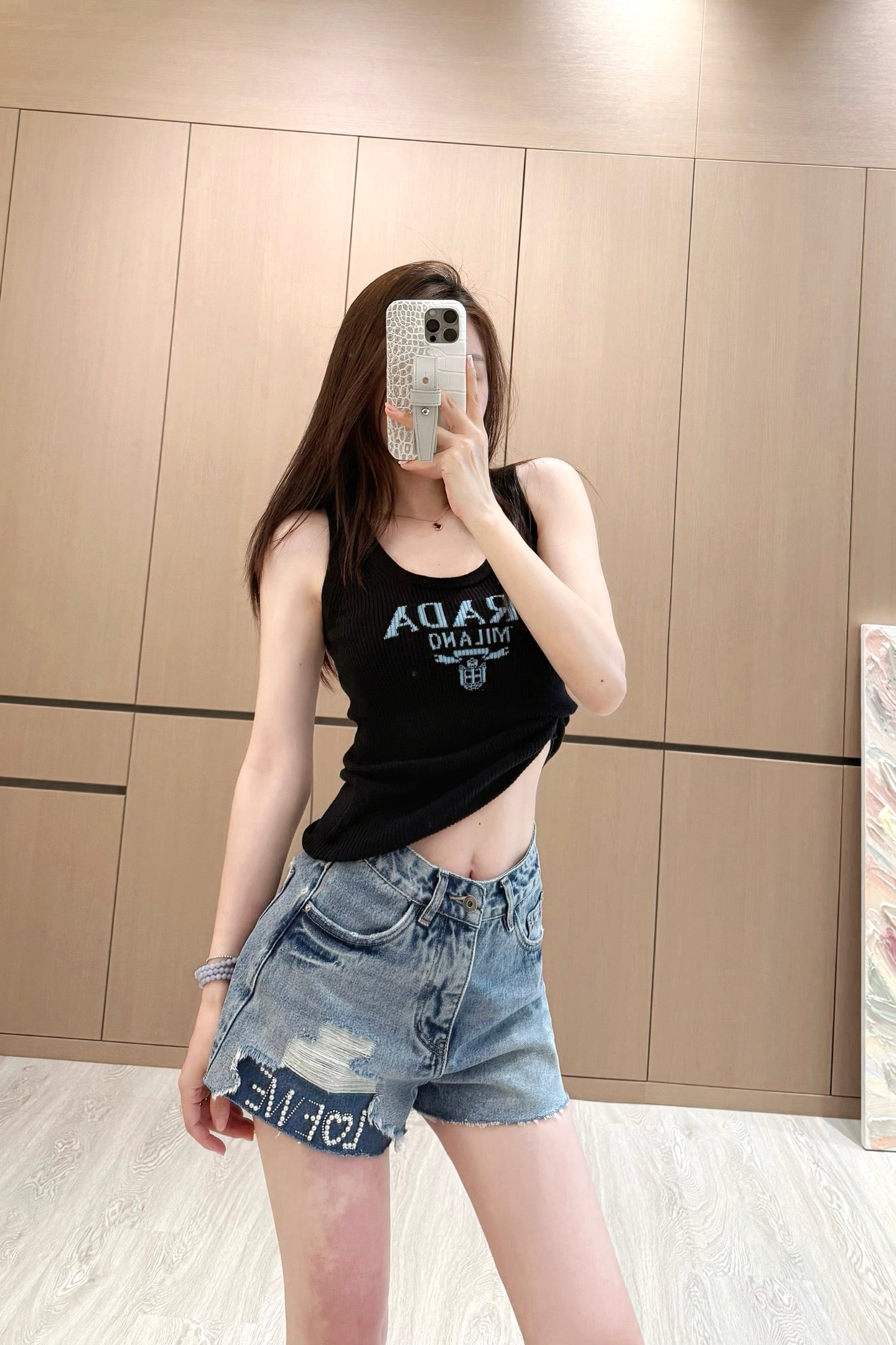 LO 25 Rhinestone Logo Ripped Denim Shorts