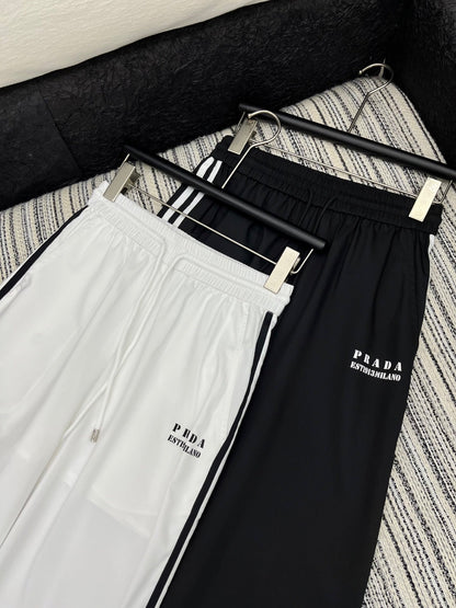25 Summer new contrast color elastic waist drawstring casual trousers
