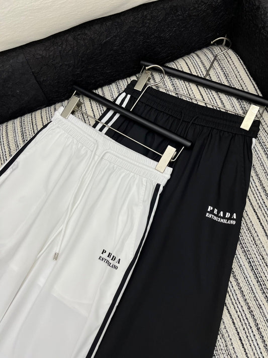 25 Summer new contrast color elastic waist drawstring casual trousers
