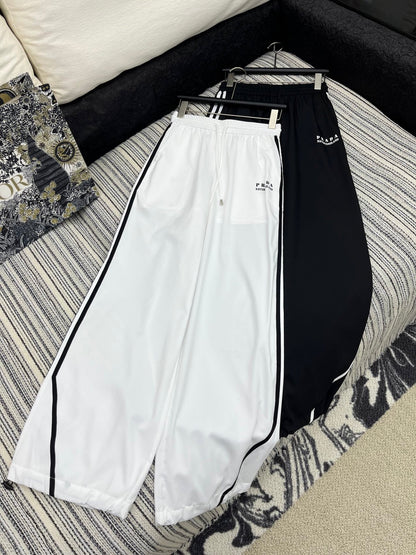 25 Summer new contrast color elastic waist drawstring casual trousers