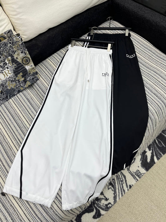 25 Summer new contrast color elastic waist drawstring casual trousers