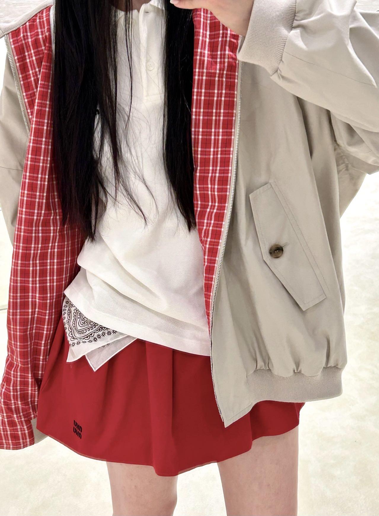 25 Summer new apricot red zipper mid-length jacket