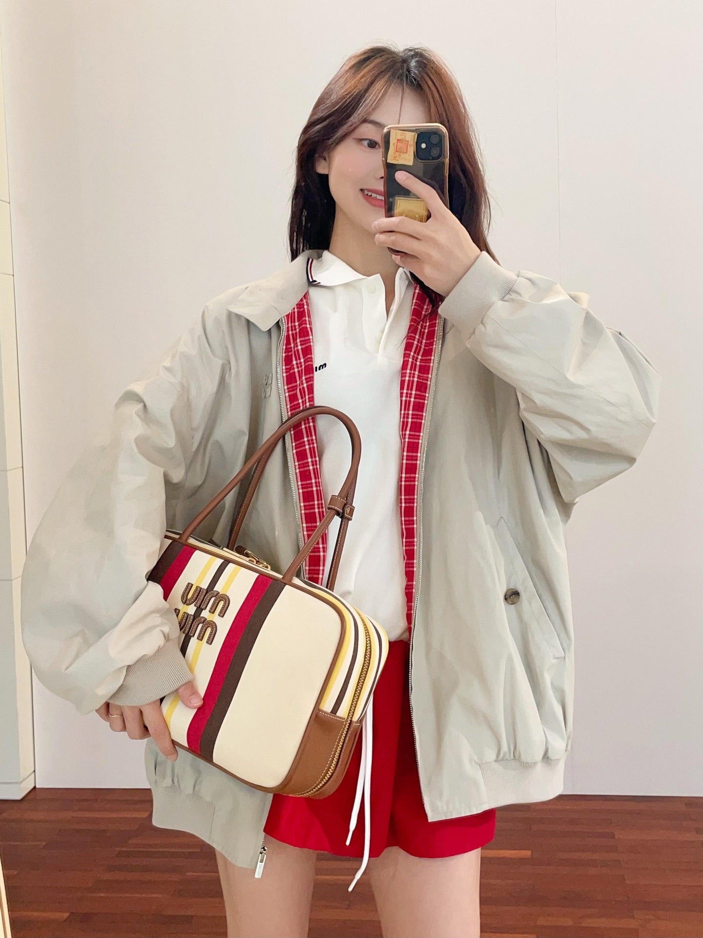 25 Summer new apricot red zipper mid-length jacket