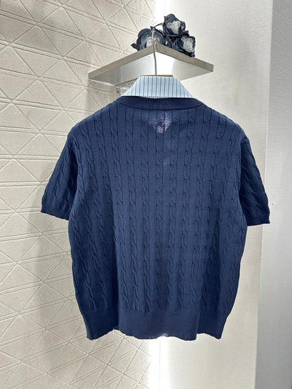 2025 Summer New Arrival Contrast Color Fake Two-Piece Knit Top