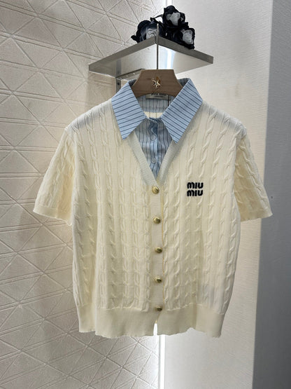 2025 Summer New Arrival Contrast Color Fake Two-Piece Knit Top
