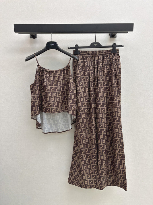 25Ss Spring and Summer New Style Old Flower Pattern Suspender Top + High Waist Wide Leg Pants Set