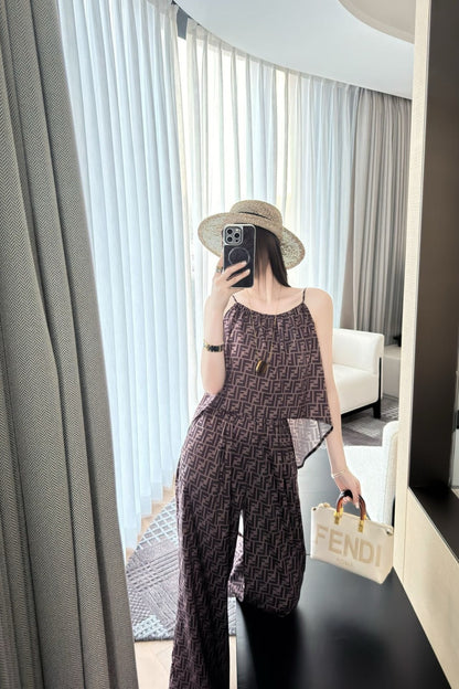 25Ss Spring and Summer New Style Old Flower Pattern Suspender Top + High Waist Wide Leg Pants Set