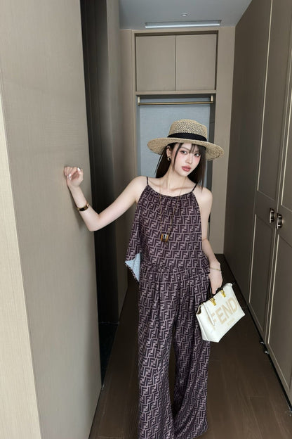 25Ss Spring and Summer New Style Old Flower Pattern Suspender Top + High Waist Wide Leg Pants Set