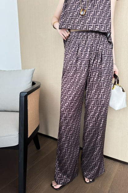 25Ss Spring and Summer New Style Old Flower Pattern Suspender Top + High Waist Wide Leg Pants Set