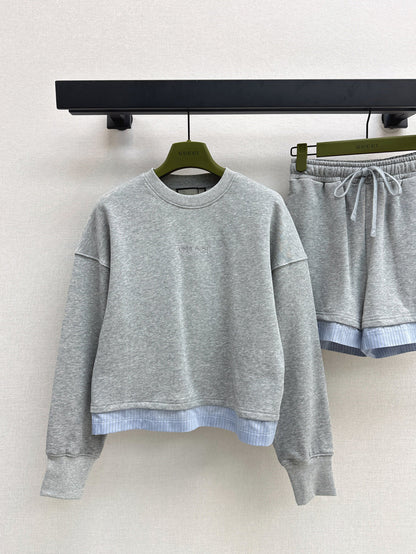 25Ss spring and summer new casual fashionable suit round neck splicing sweater + shorts suit