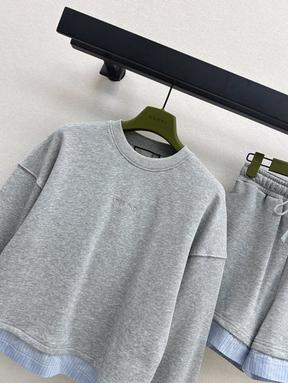 25Ss spring and summer new casual fashionable suit round neck splicing sweater + shorts suit
