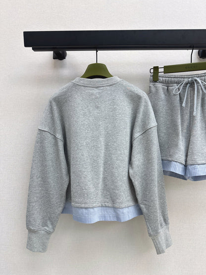 25Ss spring and summer new casual fashionable suit round neck splicing sweater + shorts suit