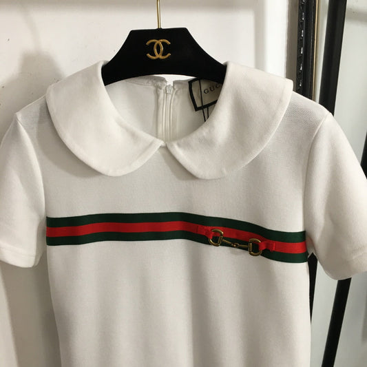 25 Summer new striped ribbon stitching doll collar short-sleeved dress