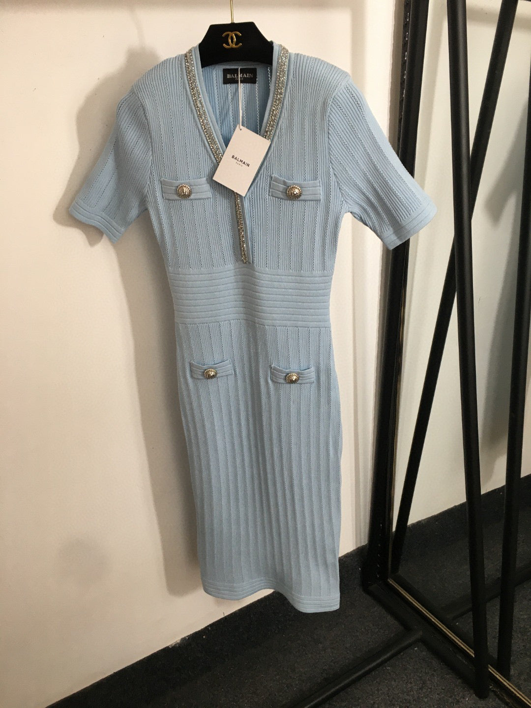 25 Summer New Heavy-duty Diamond Beaded V-neck Waisted Knitted Short-sleeved Dress