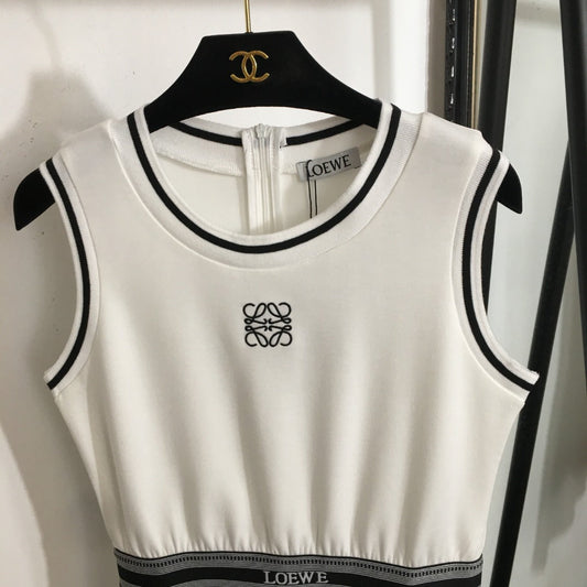 25 Summer new logo embroidered ribbon waist sleeveless vest dress